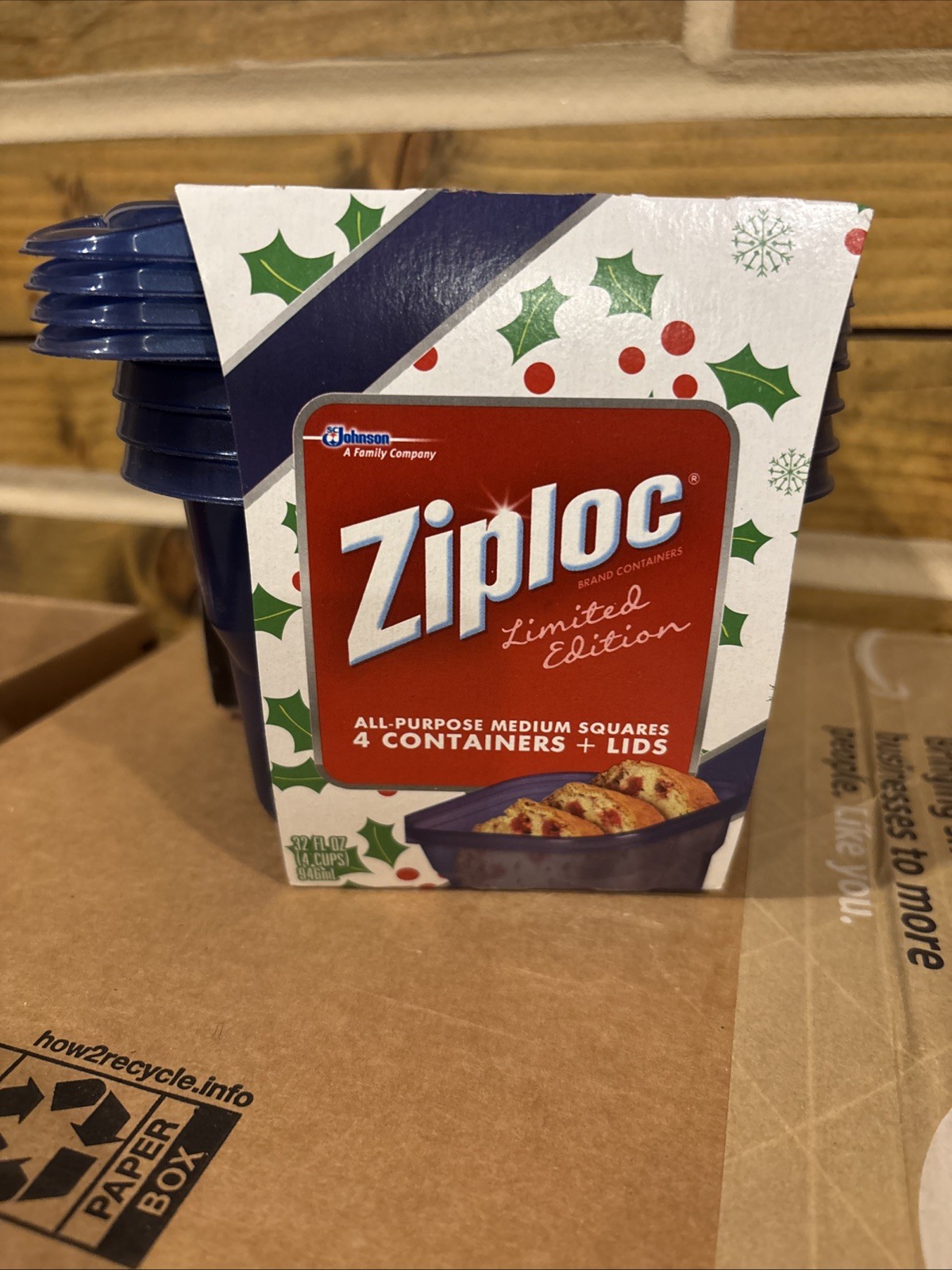 Ziploc Square Blue 32oz 4cups 4 Containers W/ Lids Limited Edition Holidays