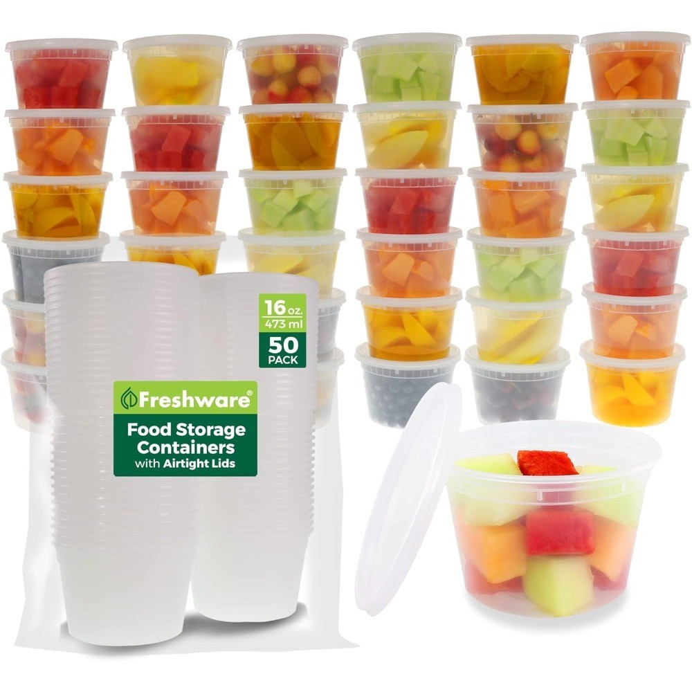 50 Pack 16 oz Plastic Deli Food Storage Containers with Lids Leakproof Stackable