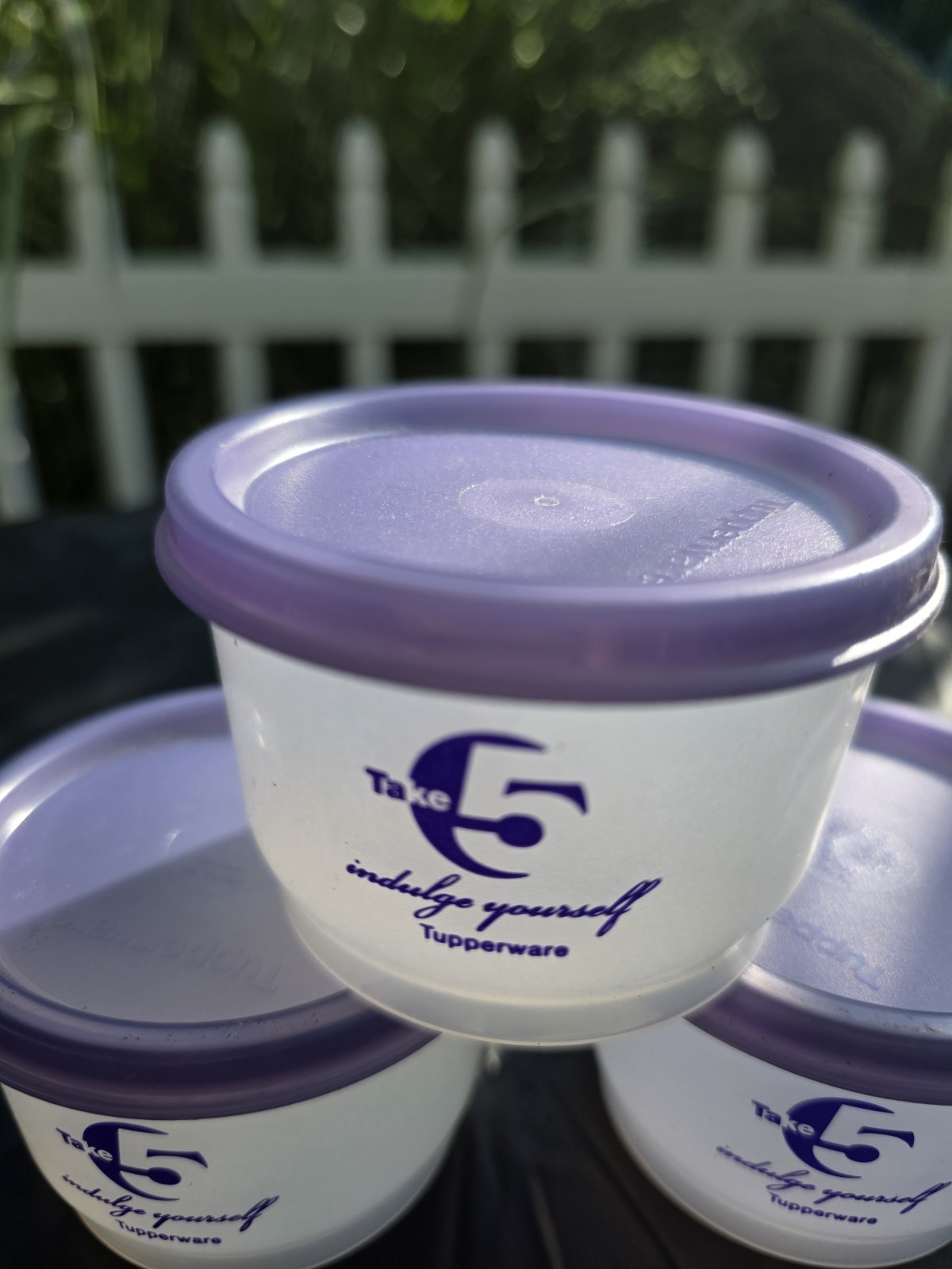 Tupperware Take 5 5oz Round Food Storage Containers Set of 3 White Purple Lids