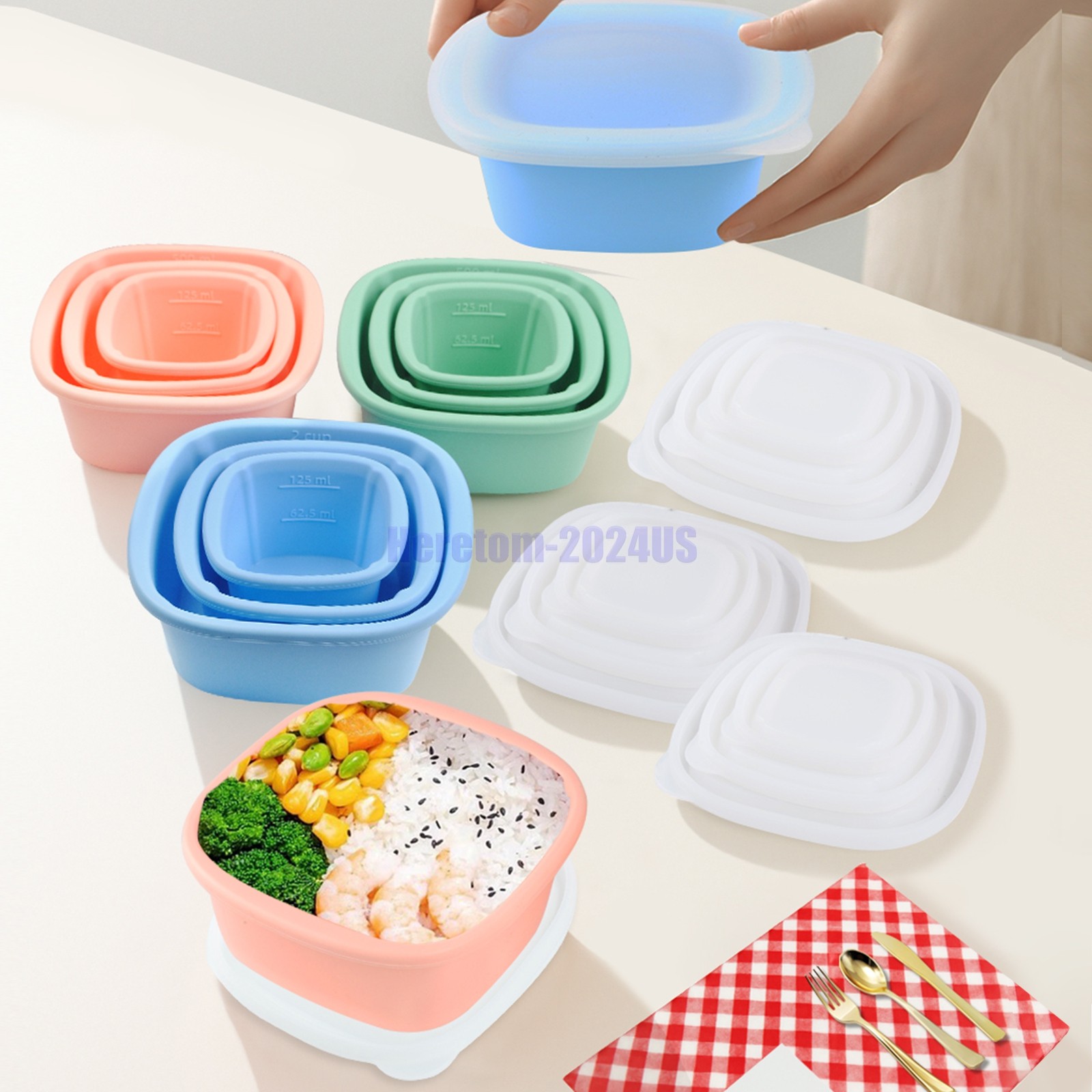 Silicone Food Storage Containers Airtight & Leakproof Set Sealed Lids Green+Pink
