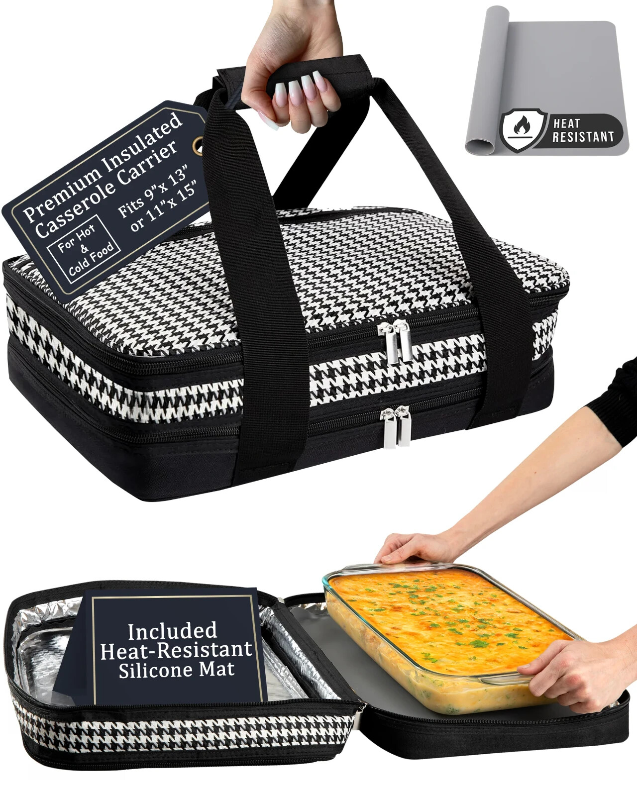 Nestamor Premium Insulated Food Carrier 15” X 11” Baking Dishes Houndstooth