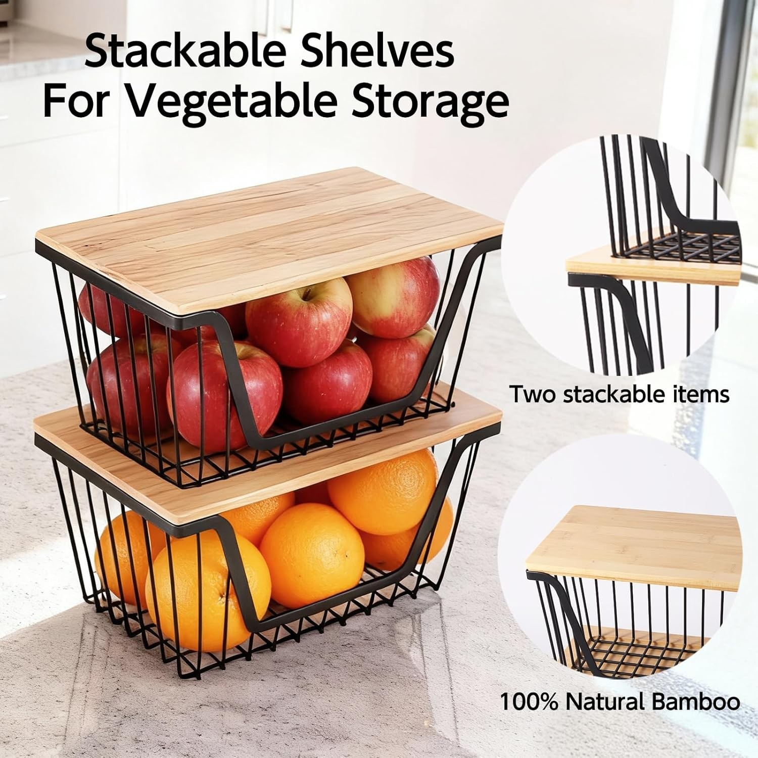 Modern Stackable Storage Bins for Fruits, Vegetables – 2-Pack Iron Baskets