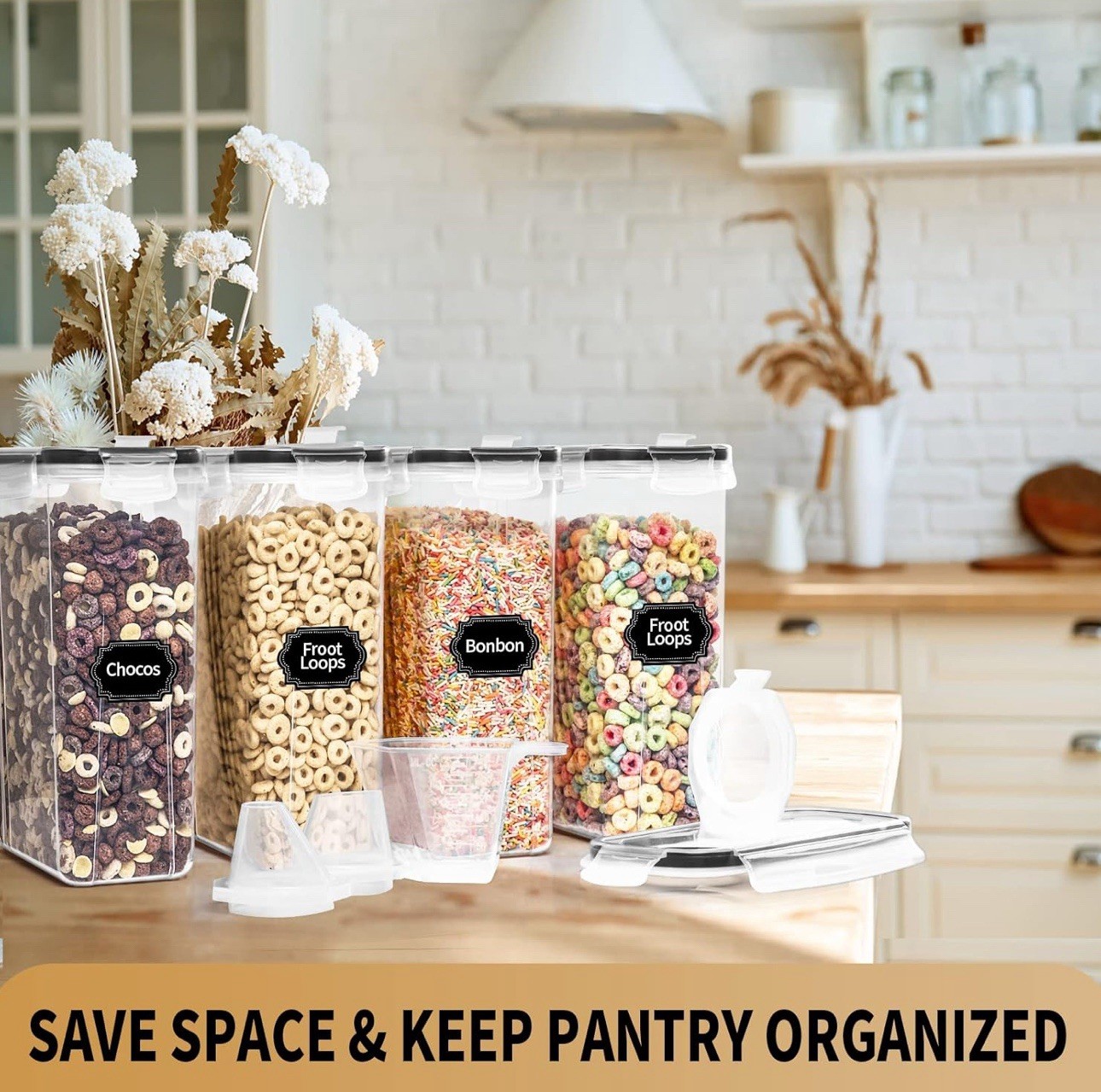 PRAKI Cereal Containers Storage Set (4L,135.2 Oz), 4PCS Airtight Food Storage…