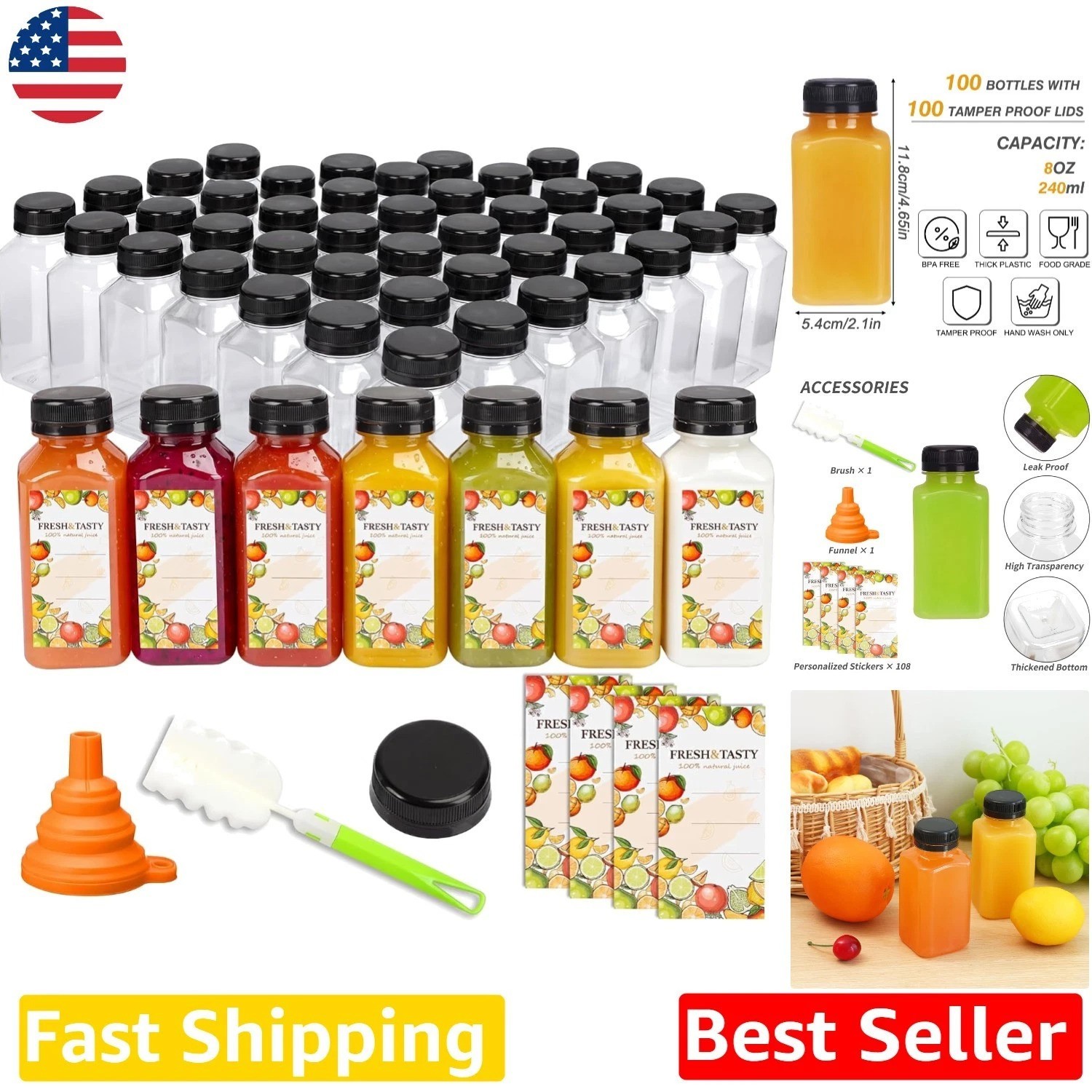 8oz Juice Bottles 100ct – Durable PET, Reusable, Tamper-Evident Caps & Funnel