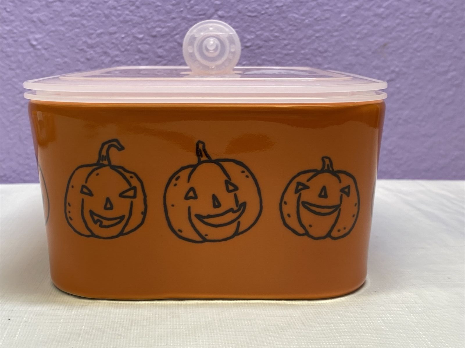 Rae Dunn Halloween Treats Pumpkin Ceramic Microwav Container Vented Lid Orange