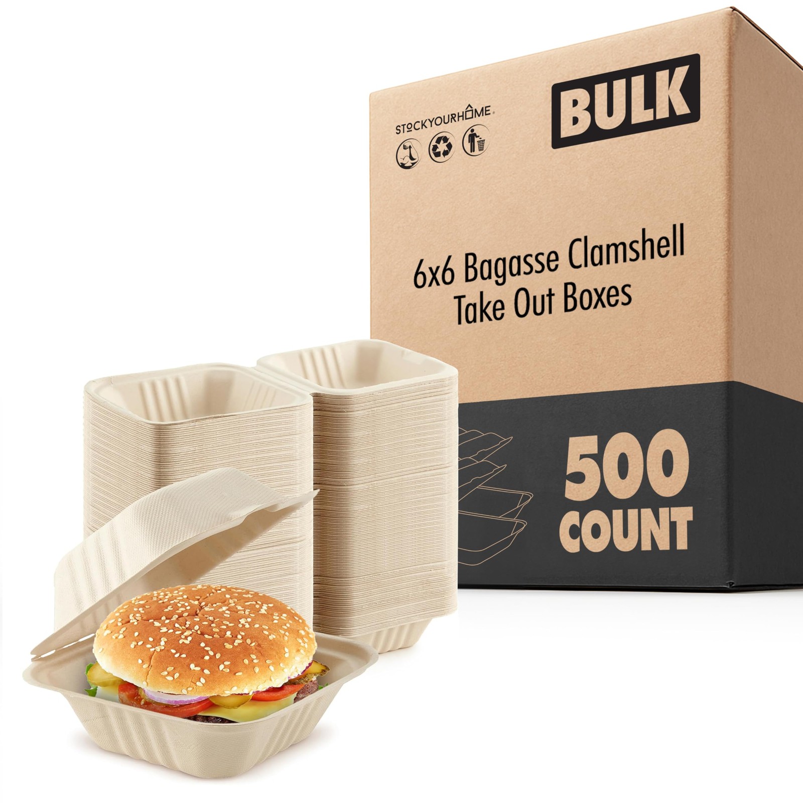 Stock Your Home 6×6 Bagasse Clamshell Take Out Boxes 500 Pack