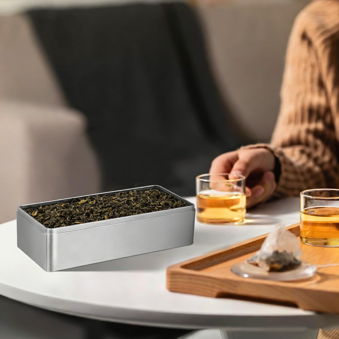 Rectangular Tin Box with Lid 9.25X4.33X2.55In Silver Tinplate Tea Leaves Cani…