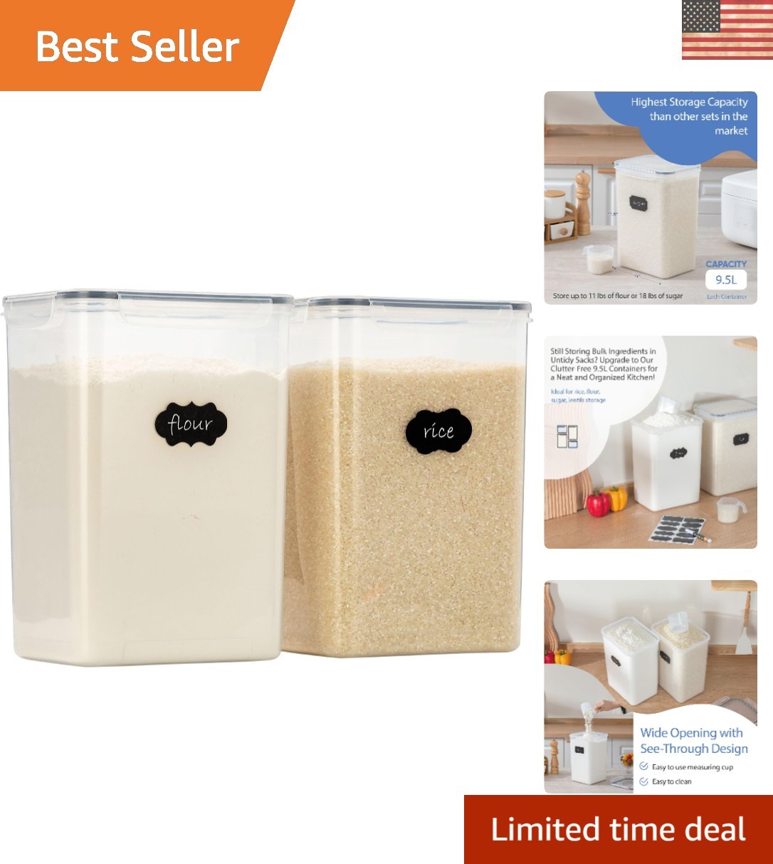 Set of 2 Airtight Pantry Canisters, 9.5L with Measuring Cups – Space Saving