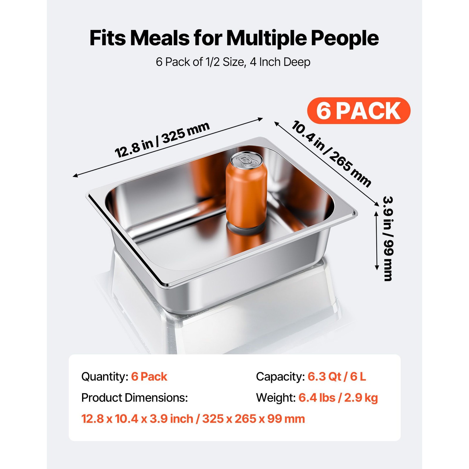 6-Pk Steam Pans 1/2 Size 4in Deep Stainless Rustproof Restaurant Set