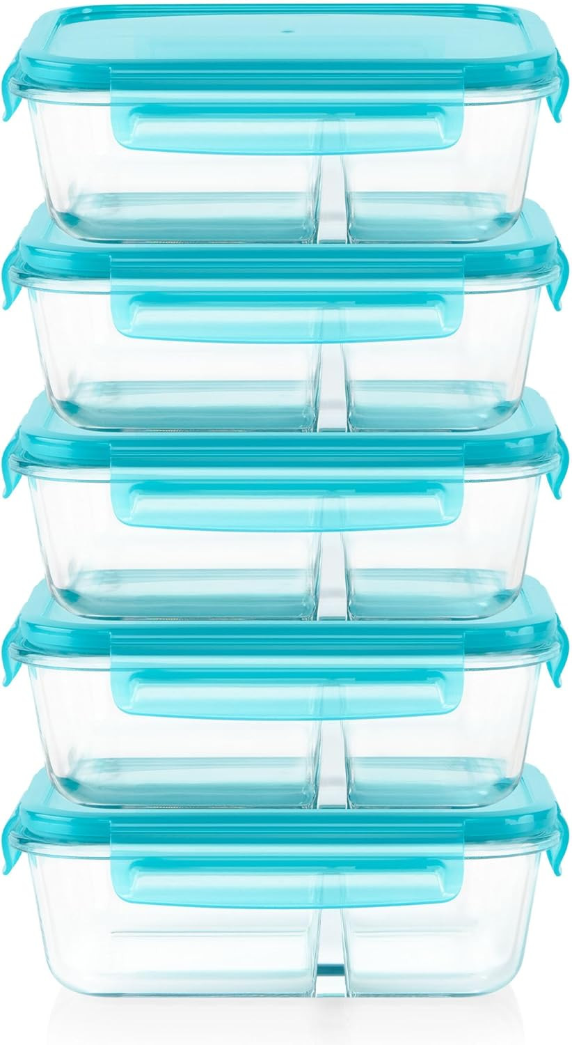 Glass Mealbox (5-Pack, 4 Cup) Divided Compartments with Locking Lids, for Meal P