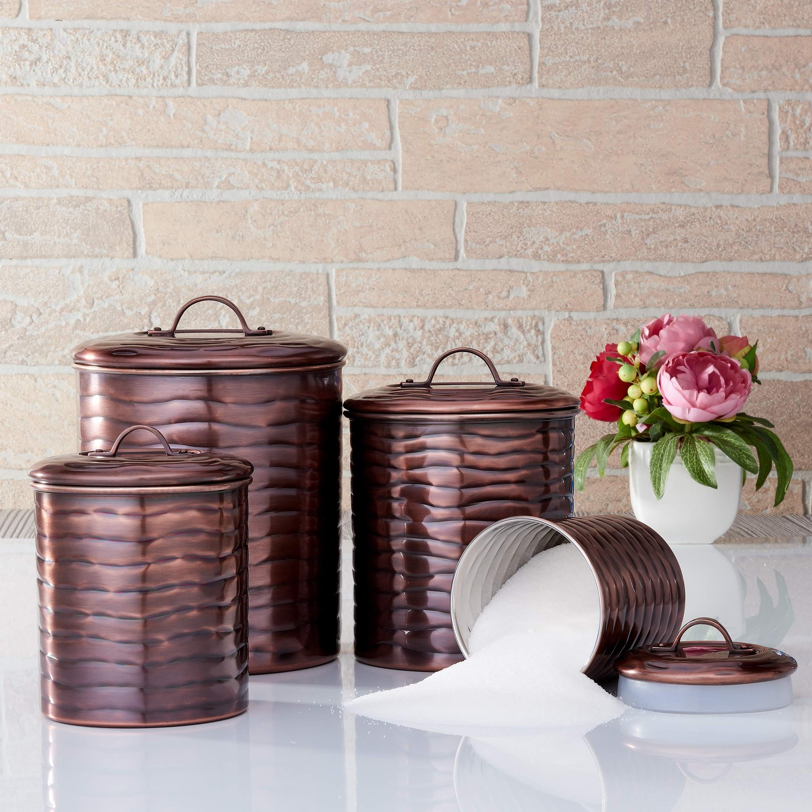 Old Dutch Antique Copper ‘Wave’ Canister Set, 4 Qt, 2 Qt, 1 Qt, 1 Qt