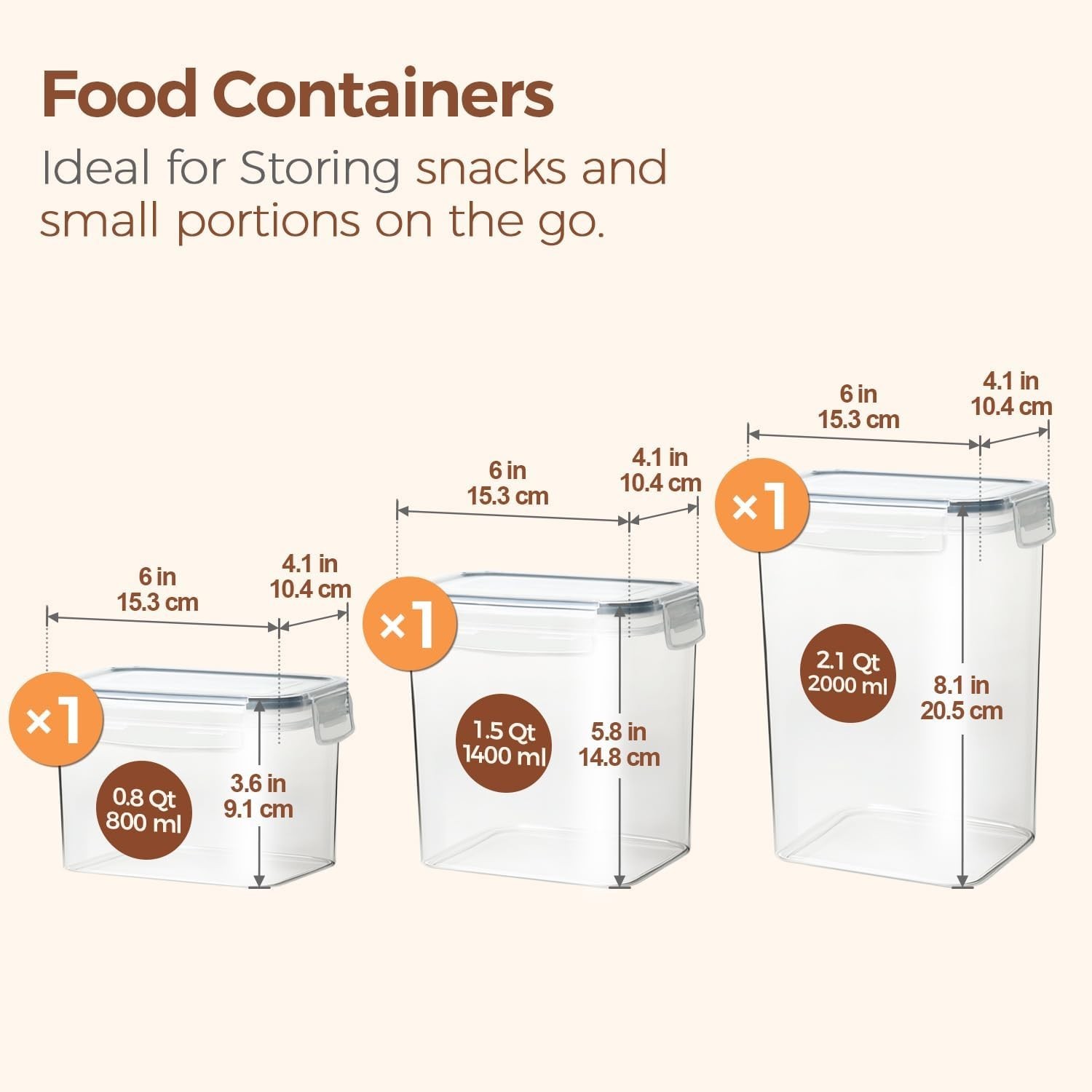 Food Storage Containers W/ Lids Set of 3 2L/2.1Qt 1.4L/1.5Qt 0.8L/0.8Qt Airtight
