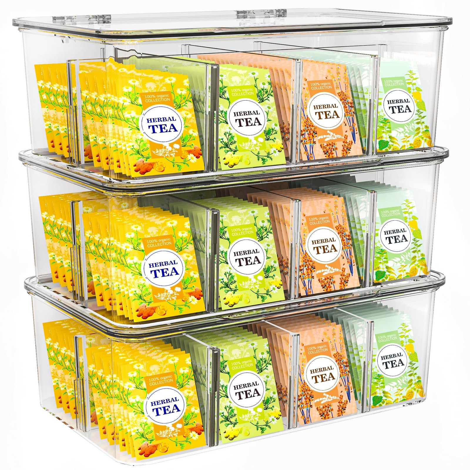 Utopia Home – Tea Bag Organizer With Lids, Clear Pantry Pack of 3,