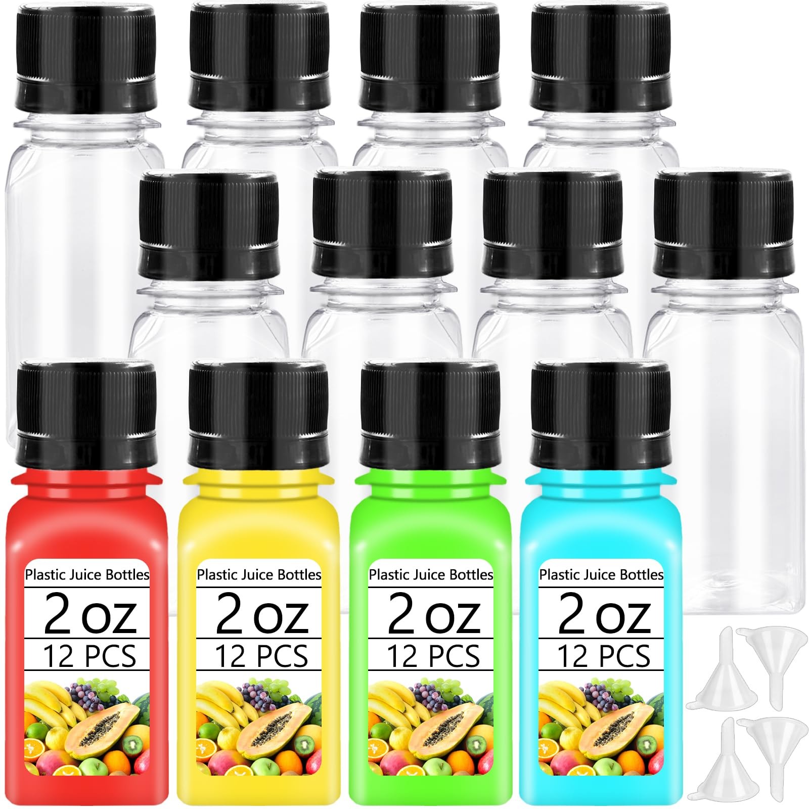 12 PCS 2oz Small Shot Bottles Black Caps Plastic Ginger Containers Funnels