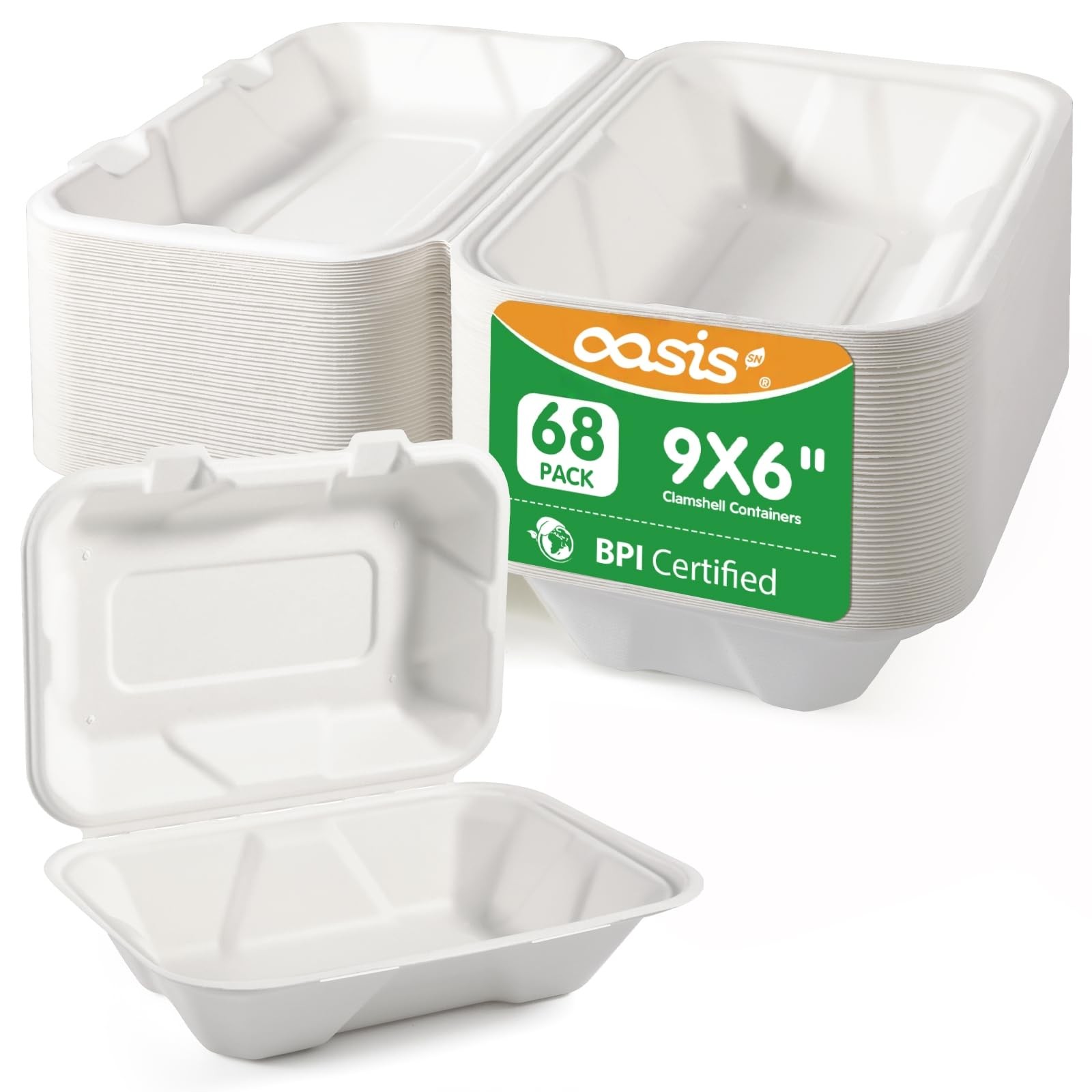 𝟵𝘅𝟲”, 𝟲𝟴-𝗣𝗮𝗰𝗸 Clamshell Take Out Food Containers, Compostable Heavy-…