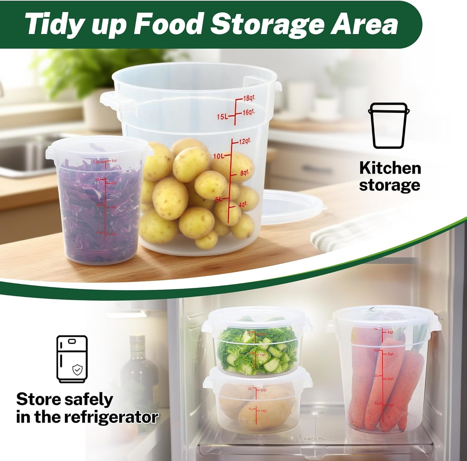 Round Food Storage Container with Lid, 8Qt Translucent, Commercial 4 Pack of – N