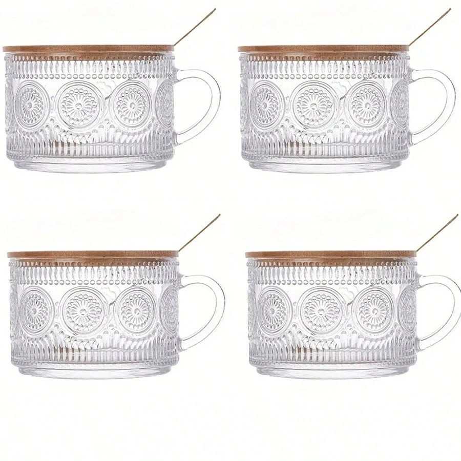 4 Pack 15.2oz Overnight Oats Glass Jars with Bamboo Lids Spoons Coffee Cups