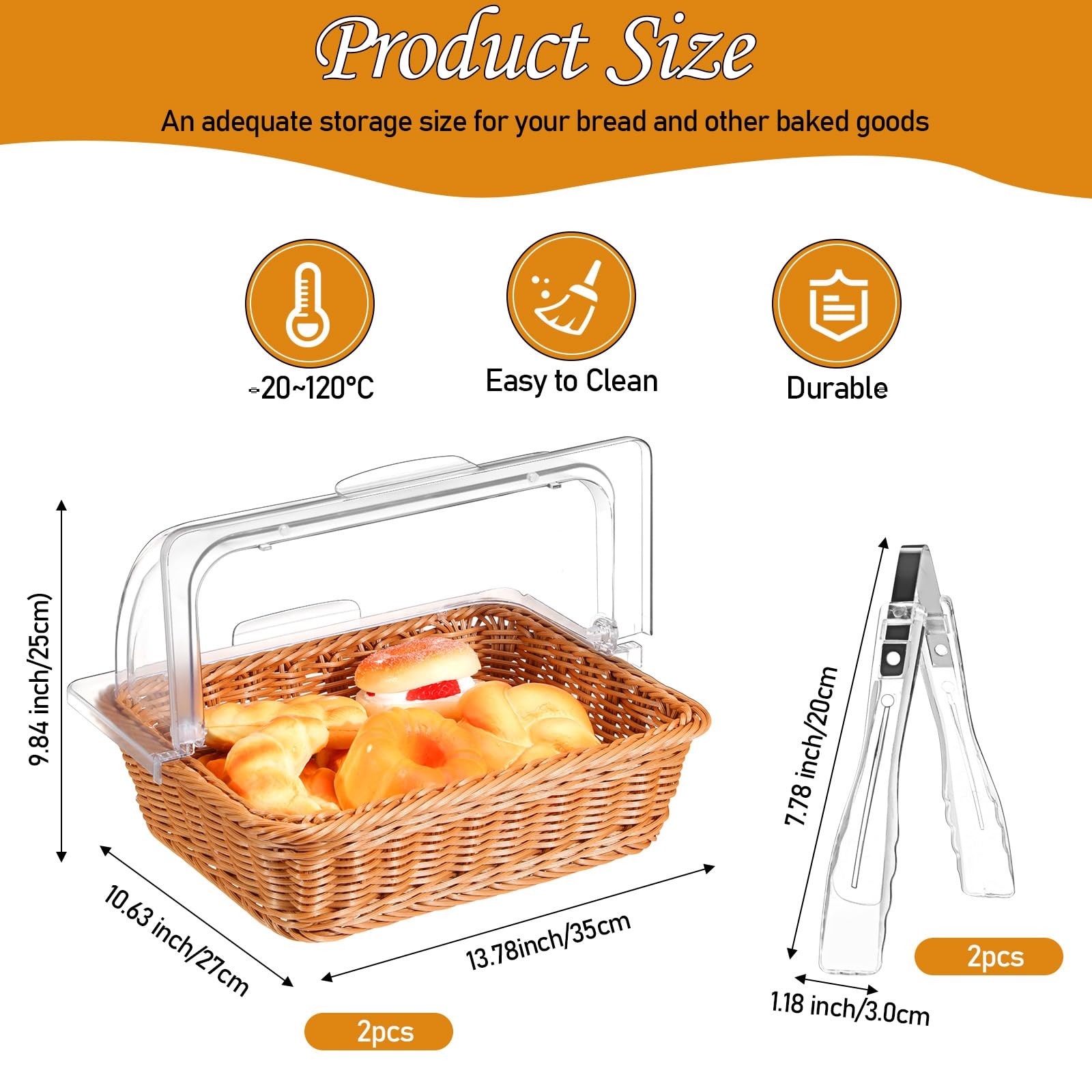 2 Set Wicker Bread Baskets for Serving with Clear Acrylic Roll Top Lid Woven …