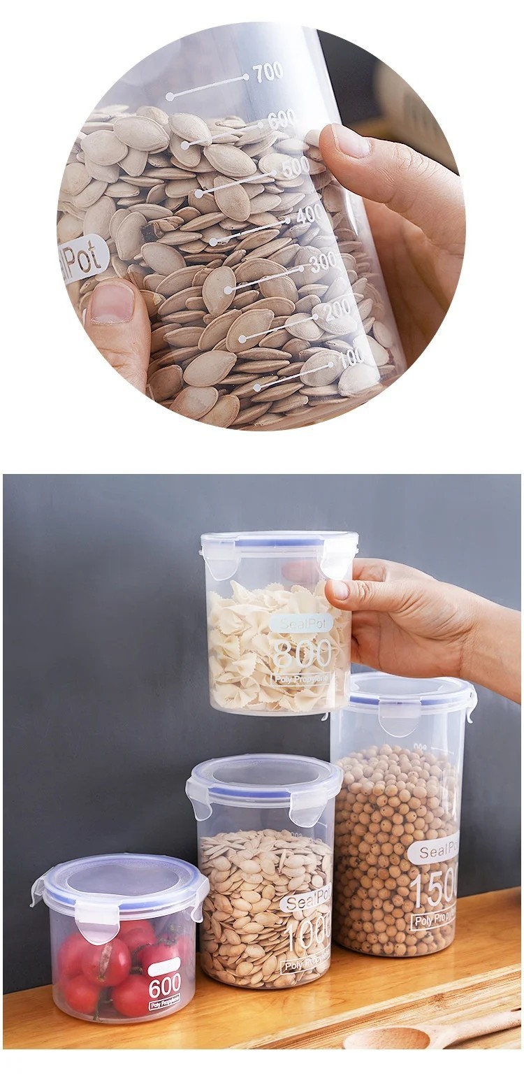 Airtight Grain Storage Container Clear Food Jar Kitchen Organizer 600-1500ML