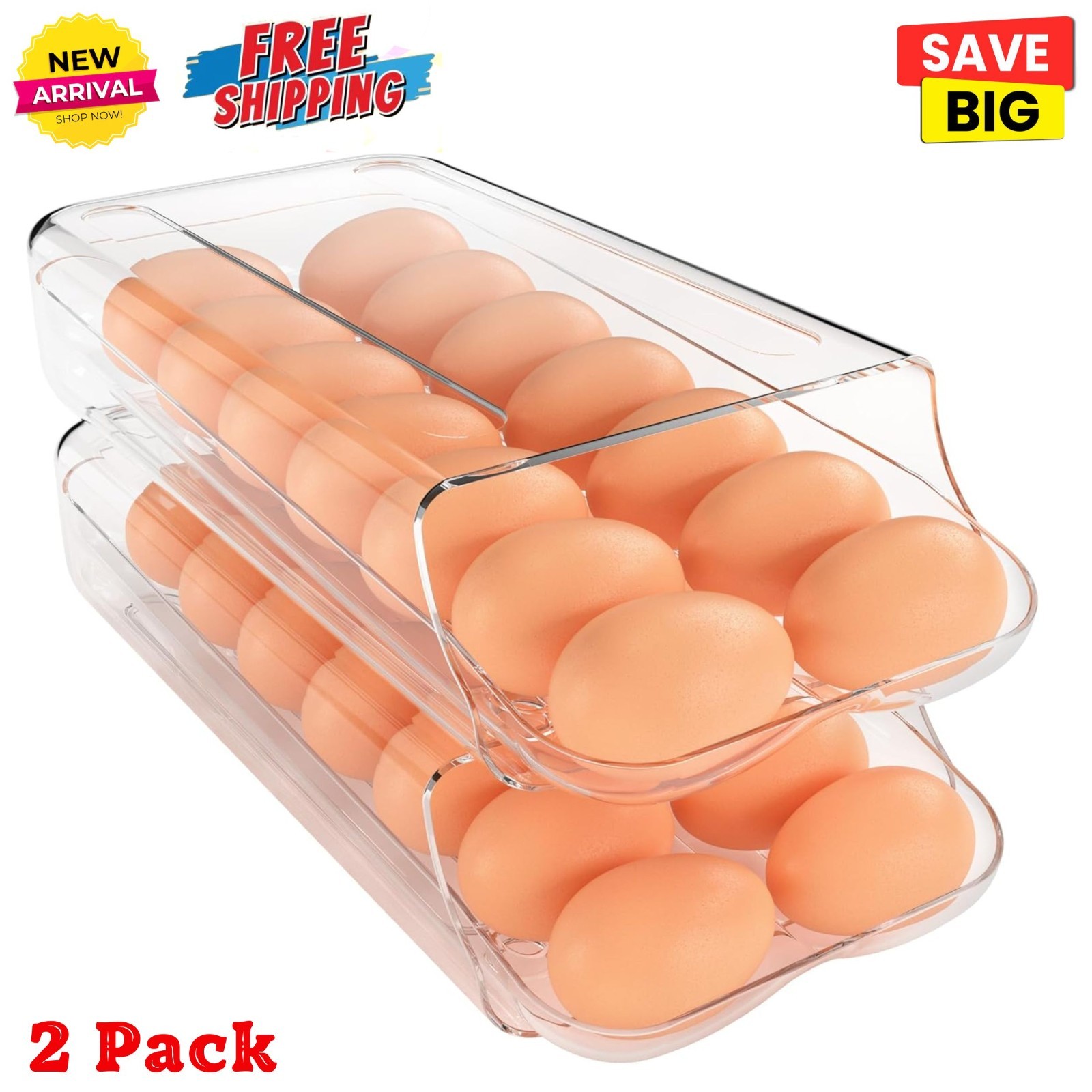 2 Pack Egg Holder Clear Plastic Container Egg Dispenser for Fridge Refrigerator