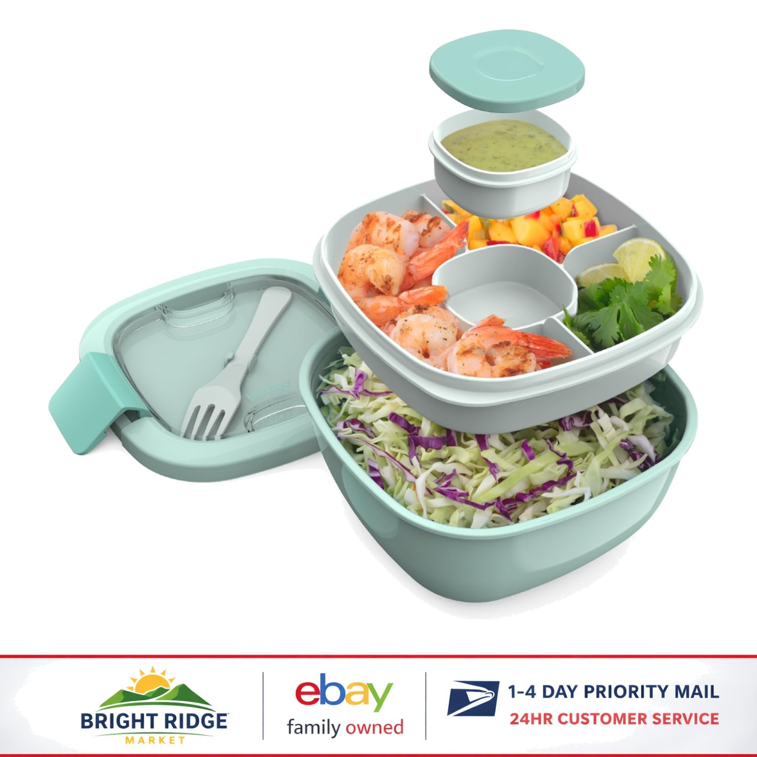 Airtight Salad Bowl with Bento Tray and Reusable Fork for Meal Prep and Storage