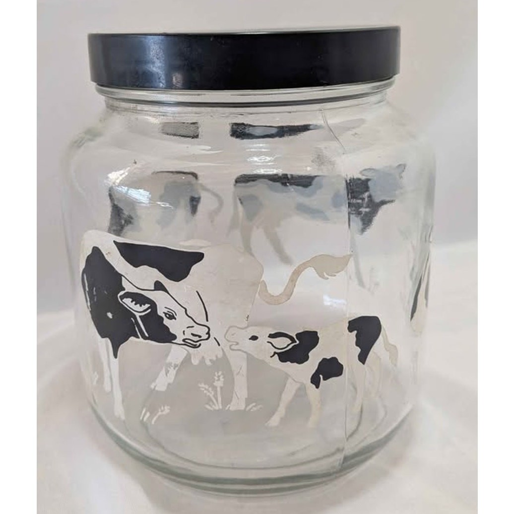 Vintage Anchor Hocking Cow Print Glass Cookie Jar Black Lid Kitchen Decor.