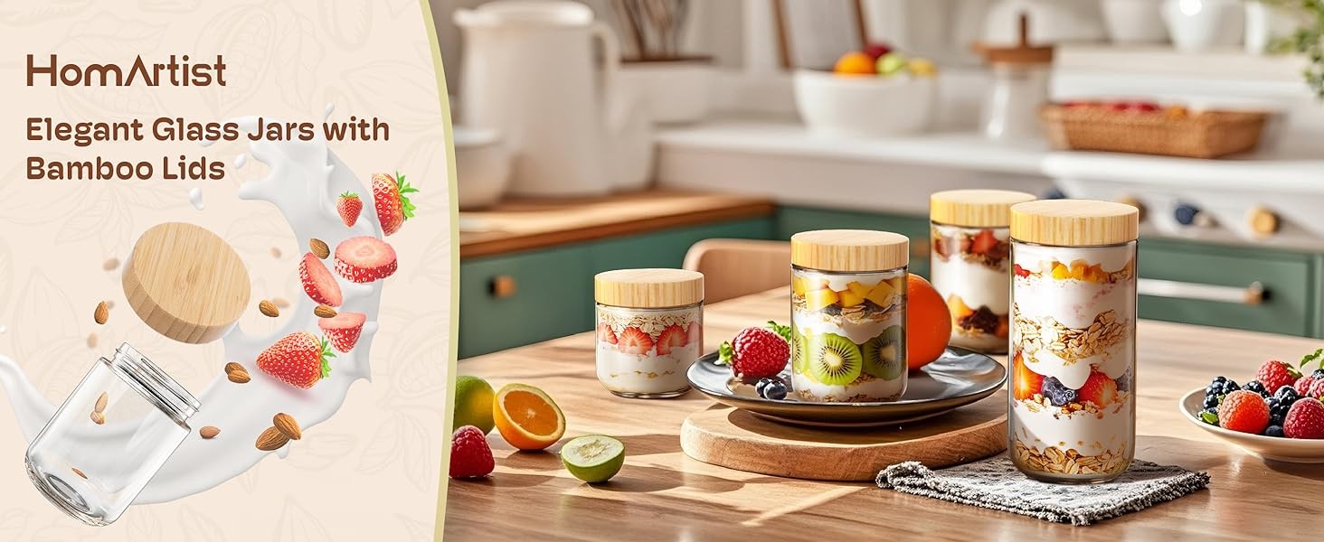 4 pack 16oz Overnight Oats Containers with Bamboo Lids, Glass Jars with Airtight