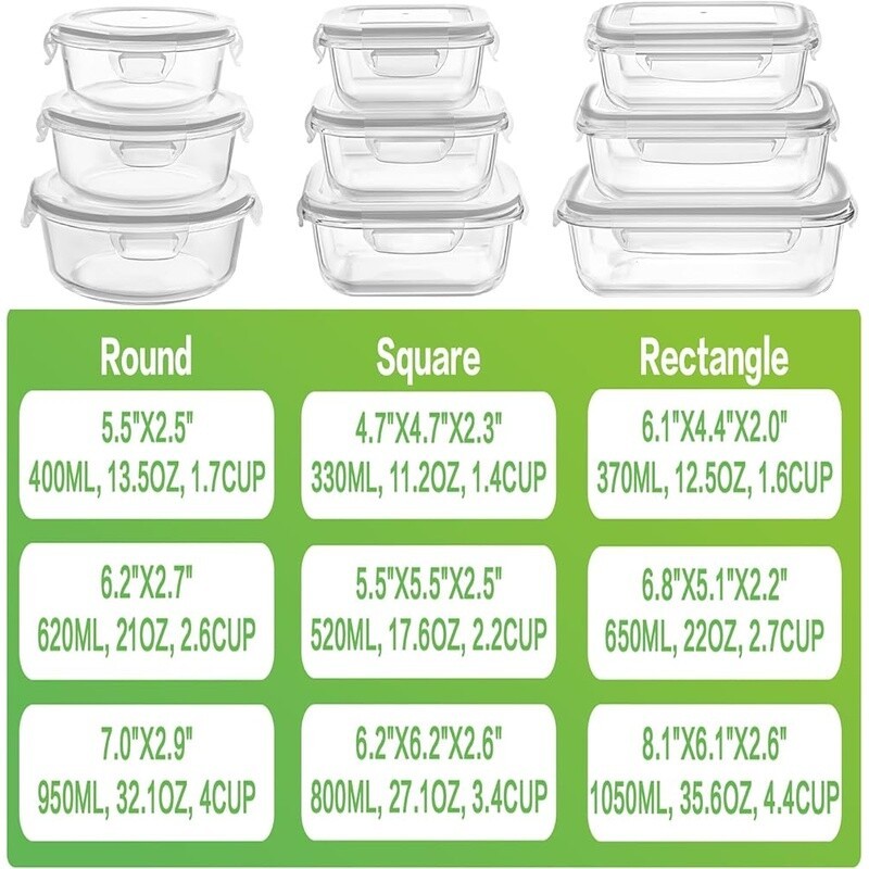 18pcs Glass Food Storage Containers Airtight Meal Prep Leak Proof BPA Free New