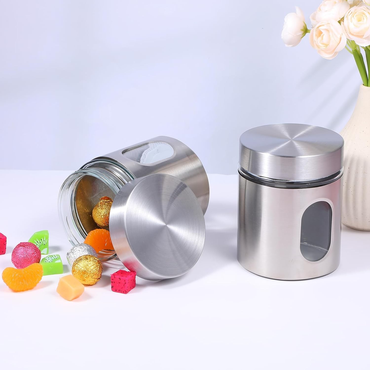 4 Pieces Kitchen Canisters Set 20 oz Stainless Steel Glass Canisters Airtight