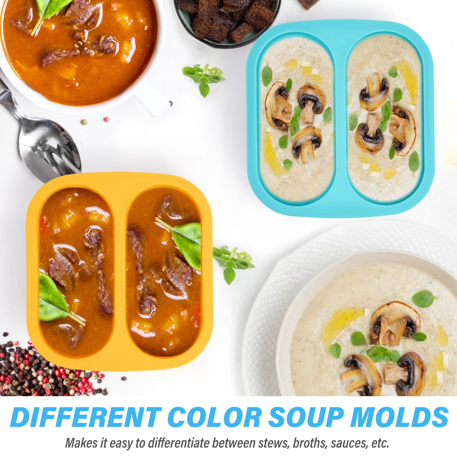 4 Pack 1-Cup Silicone Soup Freezer Molds with Lids Blue Yellow Portion Trays