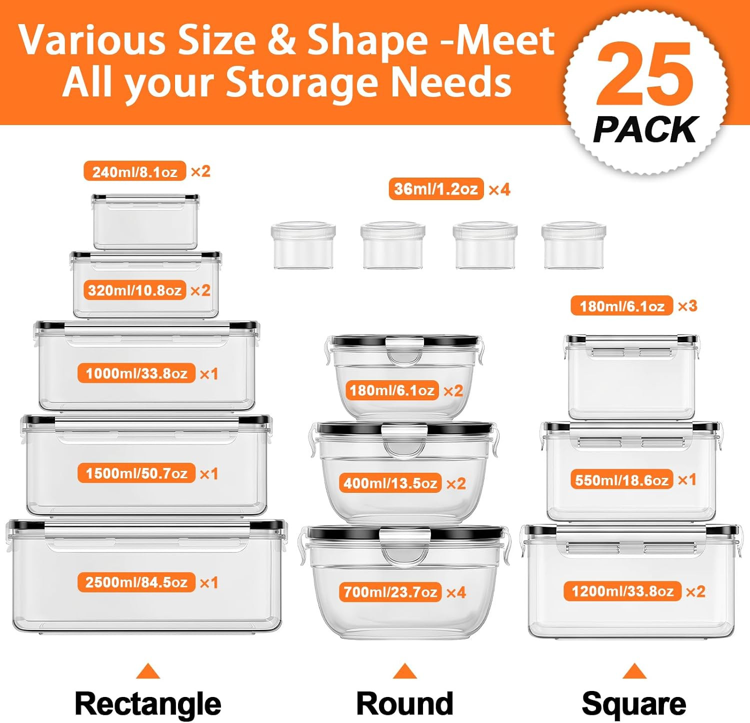 50 PCS Food Storage Containers with Lids (25 Containers & 25 Lids), Reusable Pla