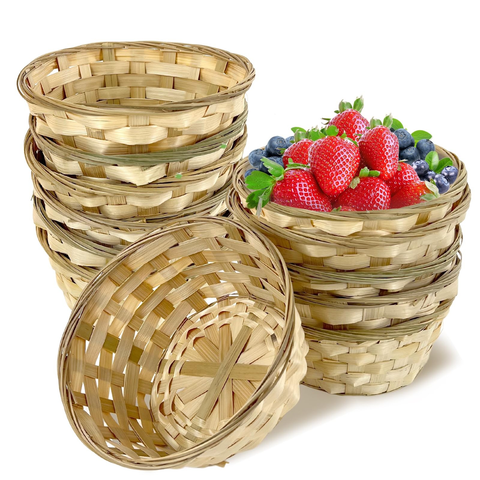 10 Pack Round Gift Baskets, 8 Inch Woven Bread Basket Wooden Food Serving Box…