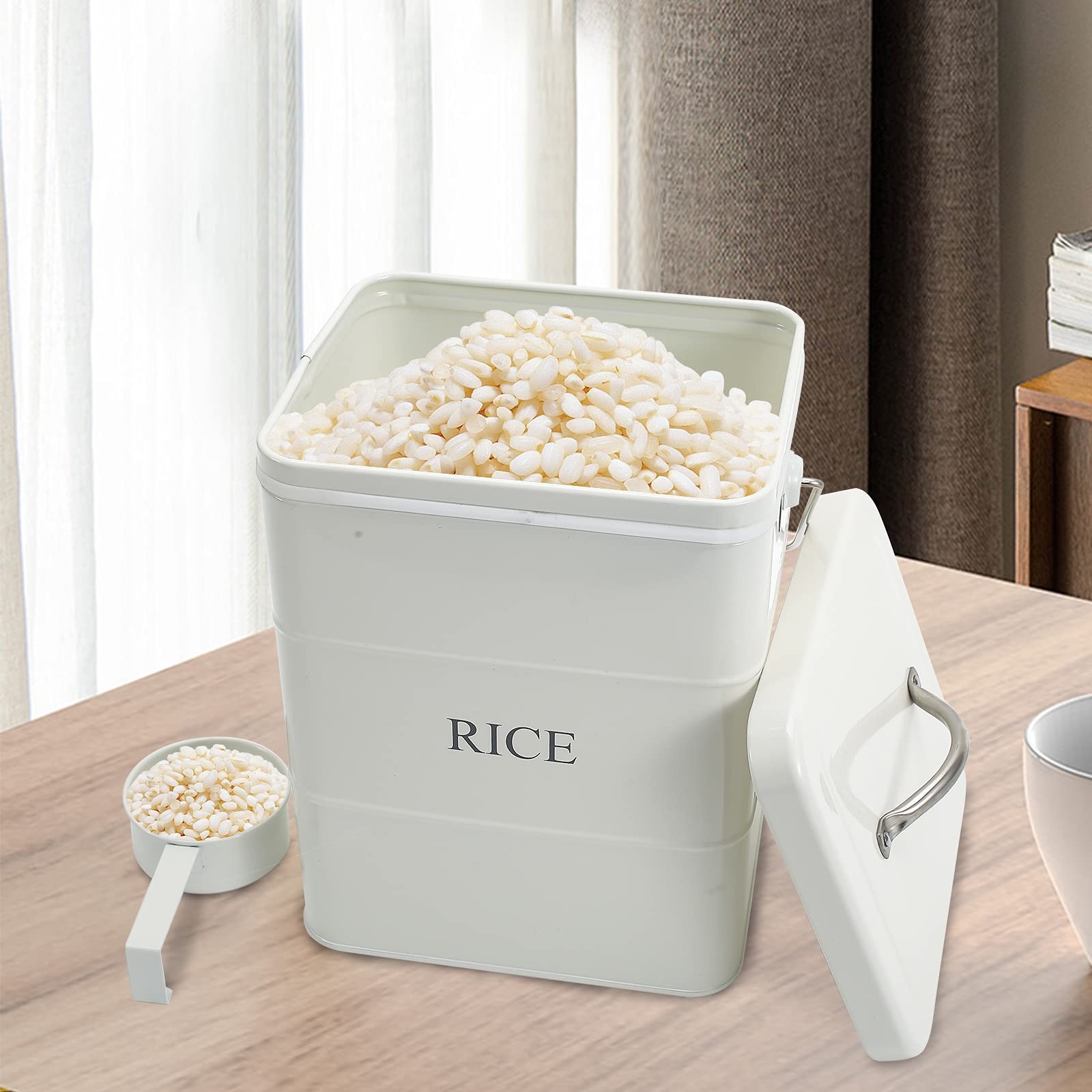 Xbopetda Metal Rice Storage Box, Square Rice Container with Lid and handle, S…