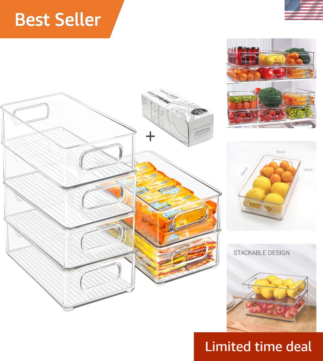 Stackable Refrigerator Organizer Bins, 6 Pack Clear Kitchen Organizer Contain…
