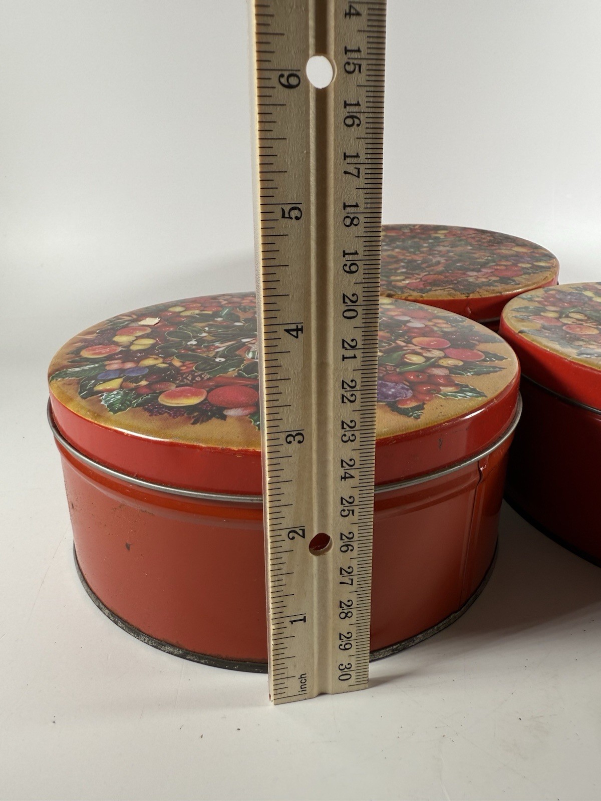 Lot of 3 Vintage Plantation Foods Holiday Fruit Wreath Cookie Tins 3”x6.5”