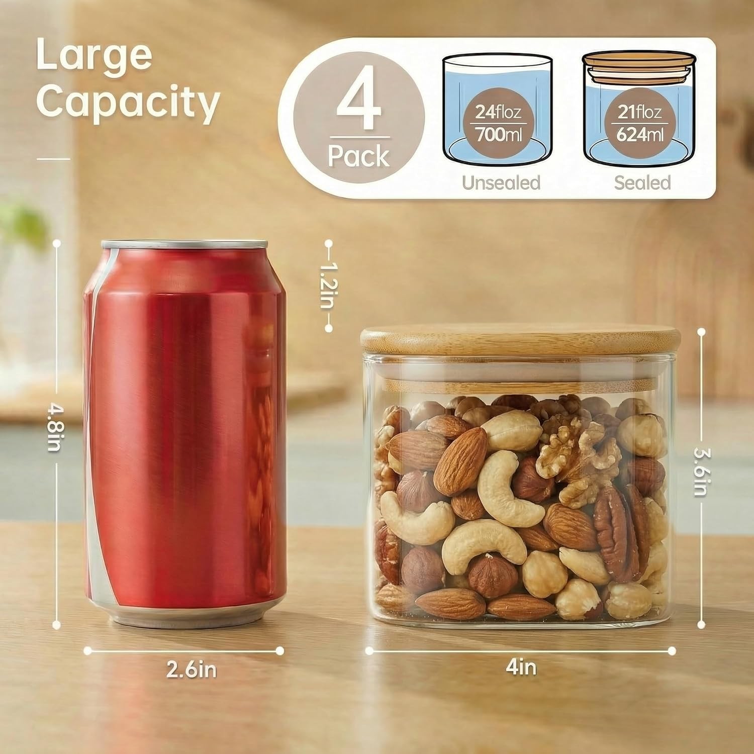 21oz – 4 Pack Square Glass Jars with Bamboo Lids, Glass Food Storage Containers