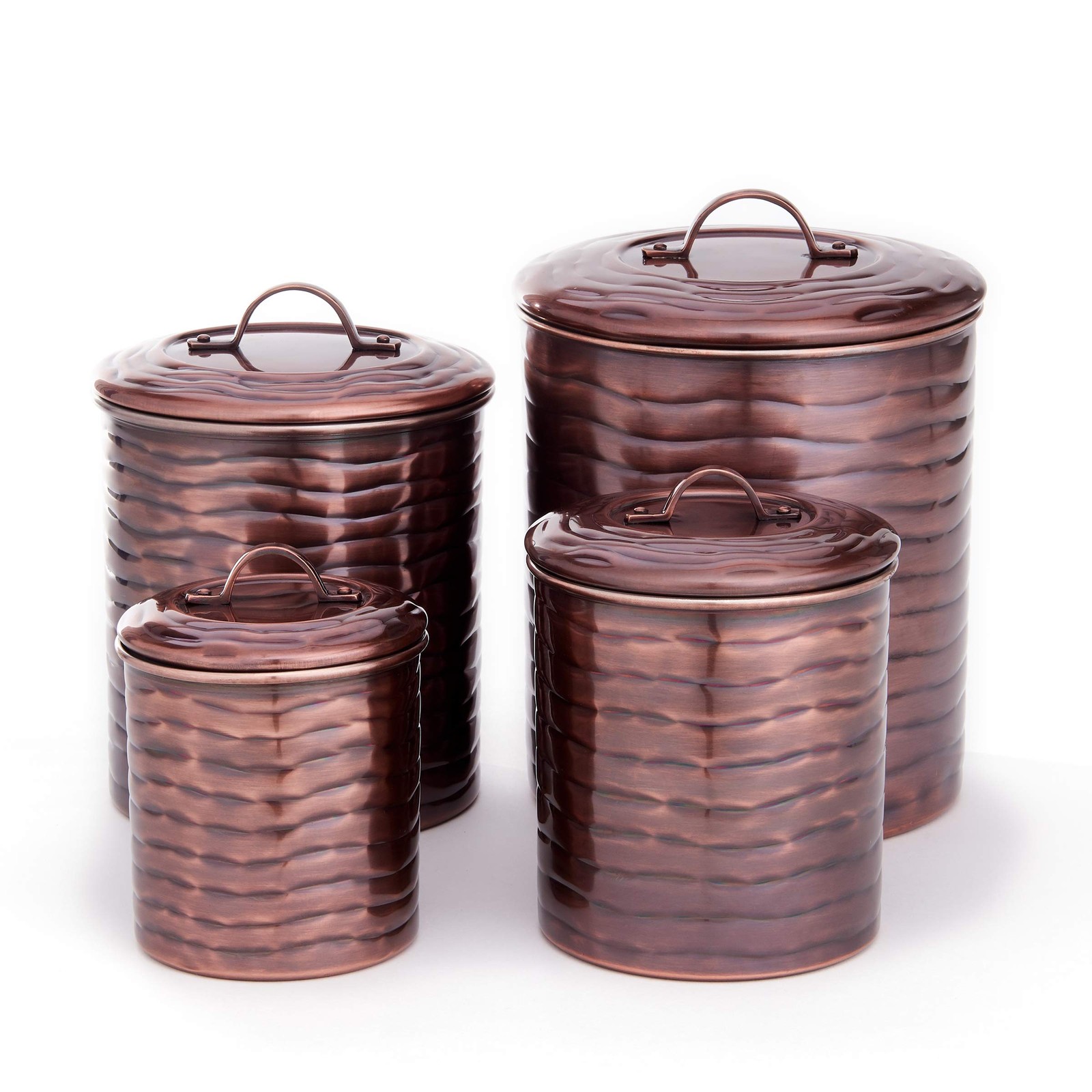 Old Dutch Antique Copper ‘Wave’ Canister Set, 4 Qt, 2 Qt, 1 Qt, 1 Qt