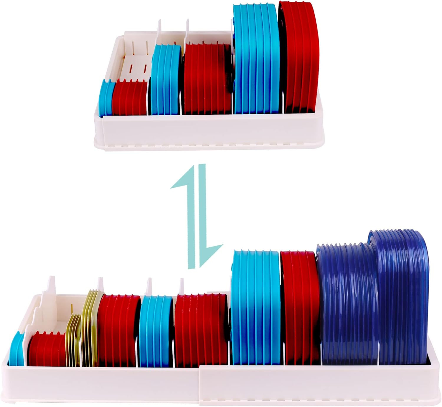 Expandable Food Storage Container Lid Organizer, Includes 8 Adjustable Dividers,