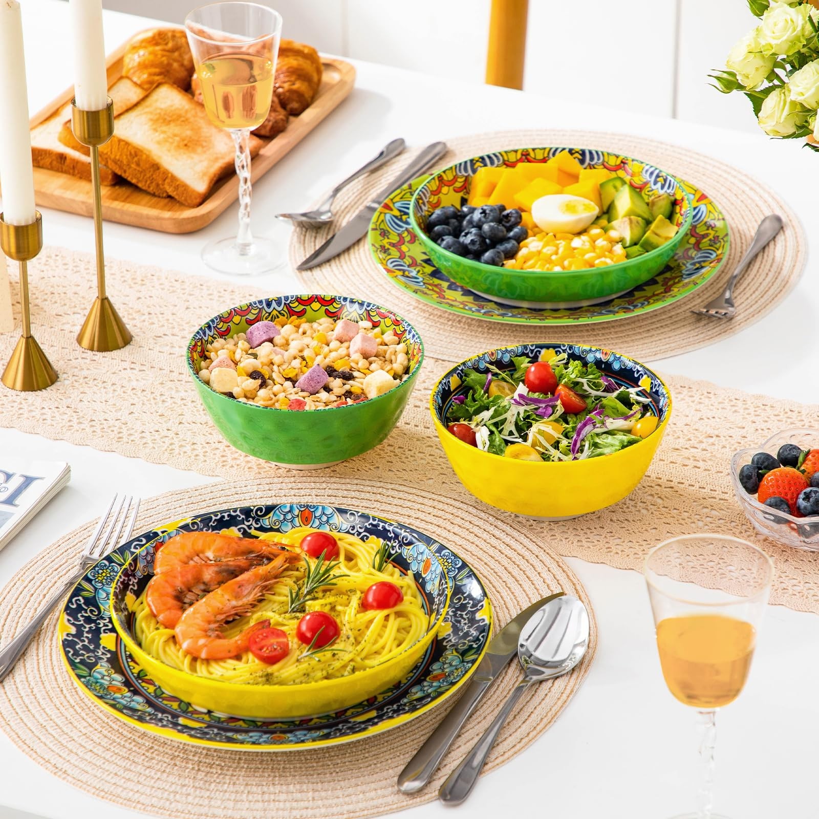 Boho Cereal Bowls Set of 6, 26 oz Ceramic Soup Bowls with Colorful Bohemian P…