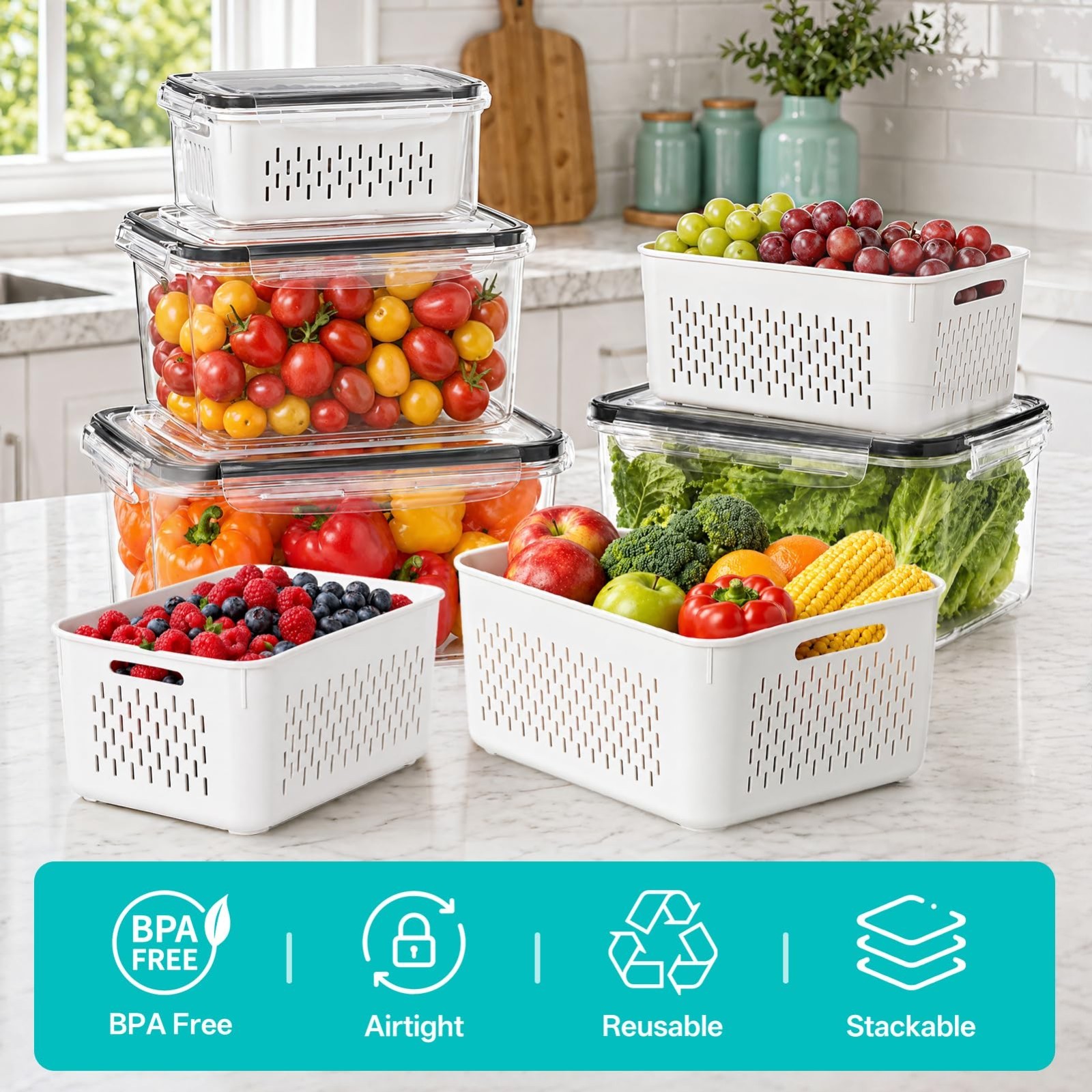 4 Pack Fruit Storage Containers for Fridge – Produce Organizers with Strainer, R