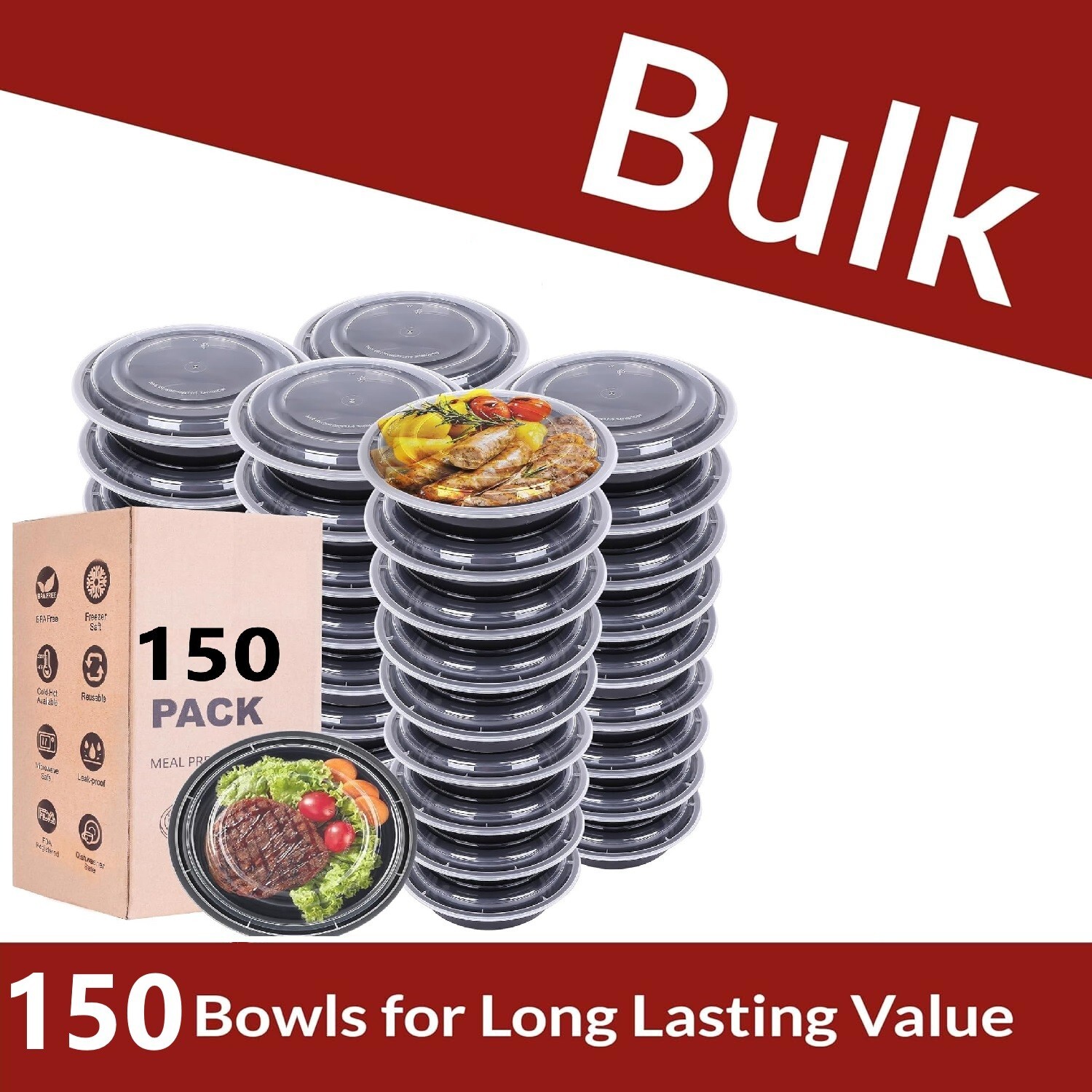 (150 Count) Round Meal Prep Containers to go Take-Out Food Containers with Lids