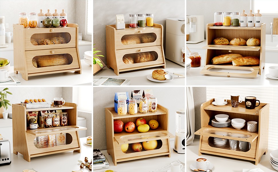 Bread Box,Extra Large 2-Tier Bamboo Bread Box for Kitchen Countertop,Bread