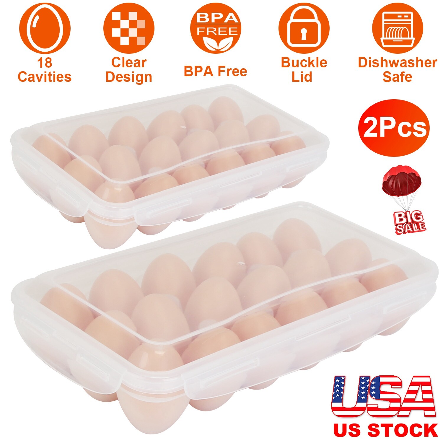 2PACK Egg Container Box for Refrigerator Stackable Egg Tray Storage Organizer