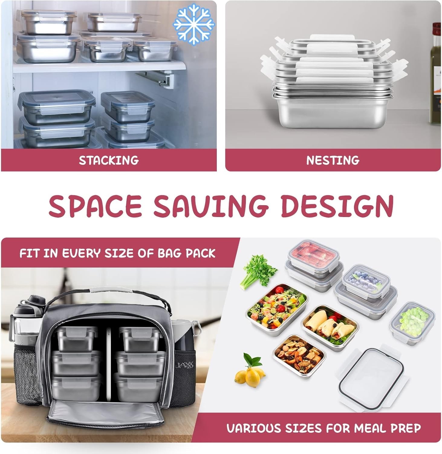 10 PC Square 304 Stainless Steel Food Containers W/ Lids Airtight Bento Lunch