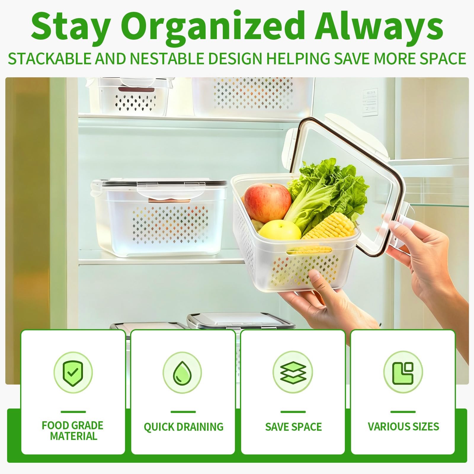5-Pack Large Fruit Storage Containers for Fridge with Removable Colander, 2 i…