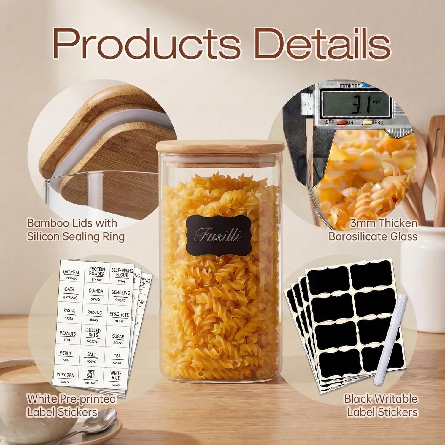 21oz – 4 Pack Square Glass Jars with Bamboo Lids, Glass Food Storage Containers
