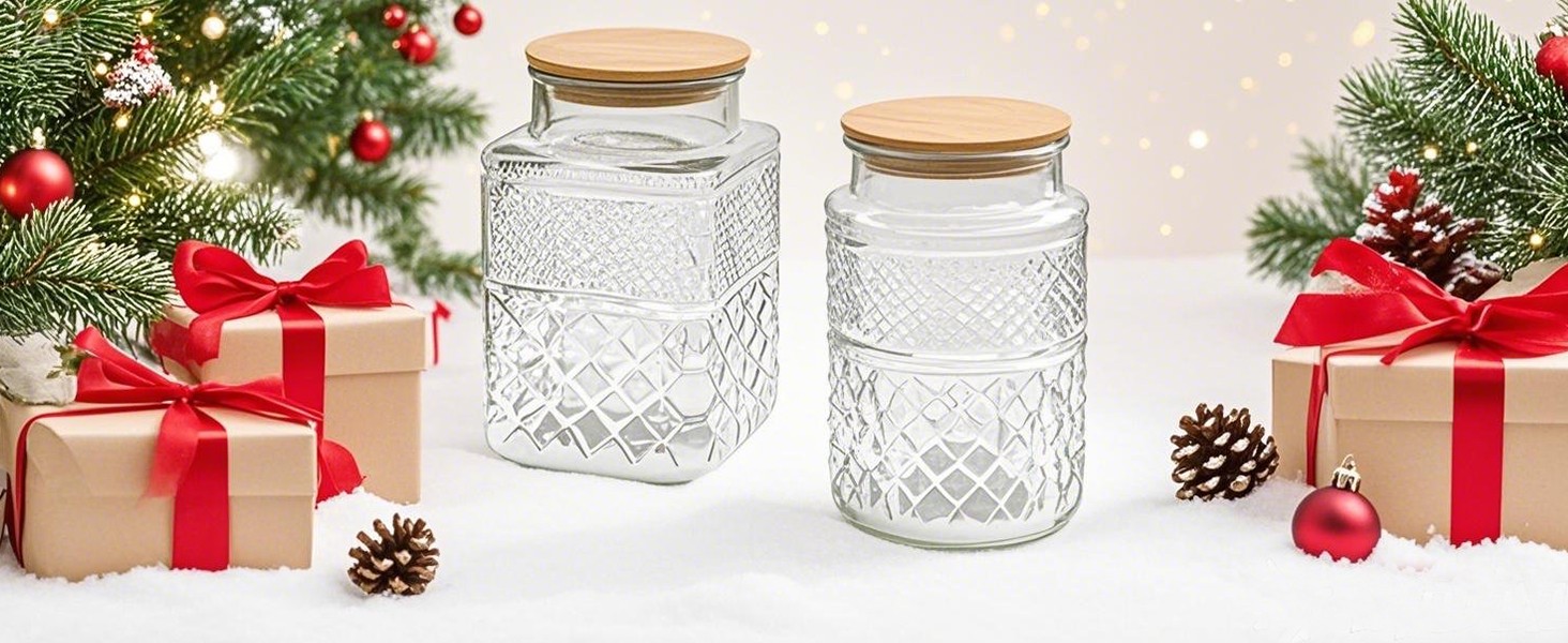 60 OZ Vintage Glass Jar with Lid Wood Spoon Set of 2 Decorative Glass Storage