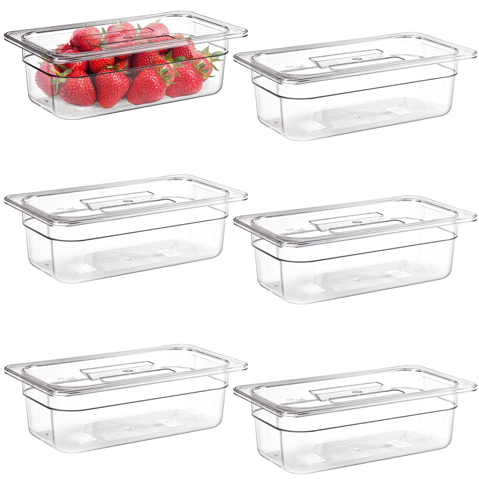 6 Pack Plastic Clear Food Pans with Lids, 1/3 Size 4 Inch Deep Stackable Comm…