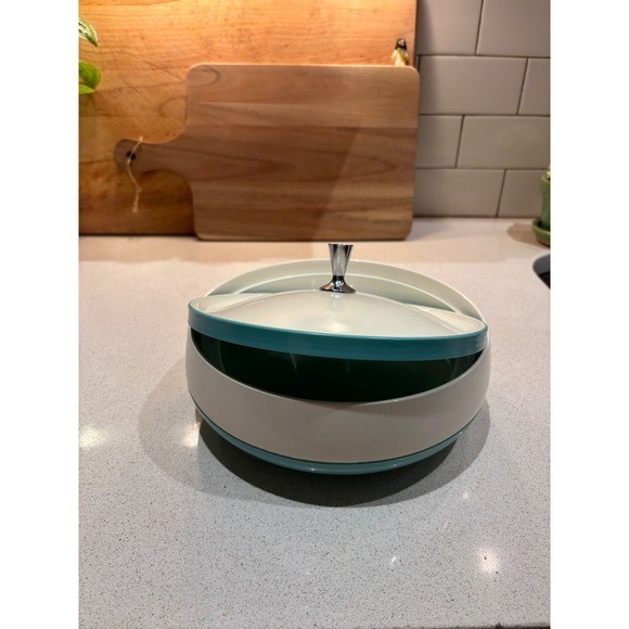 Vintage Vacron Bopp-Decker Melamine Serving Dish Lid Chrome Knob Turquoise White