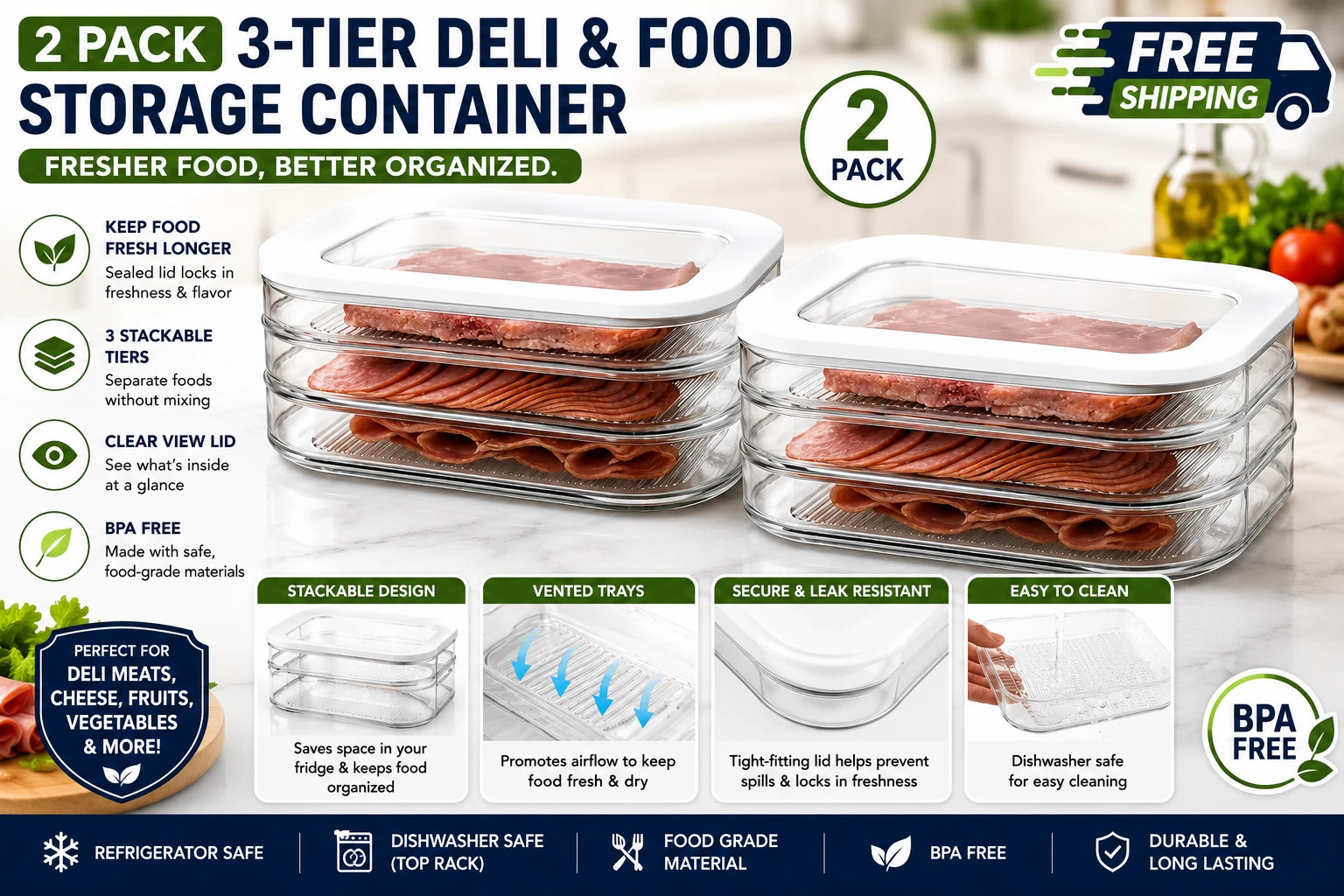 2 PACK 3-Tier Meat Storage Keeper with Lid Stackable Refrigerator Food Organizer